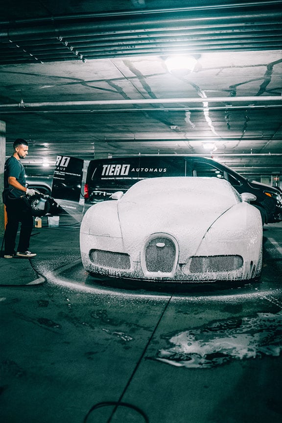 Spraying Detail Soap on a Bugatti in Las Vegas